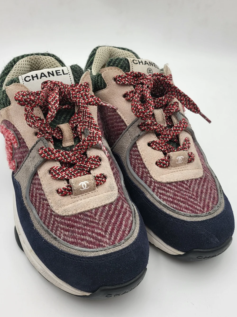 Chanel Multicolored Tweed and Suede CC Low-Top Sneakers, Authentic...